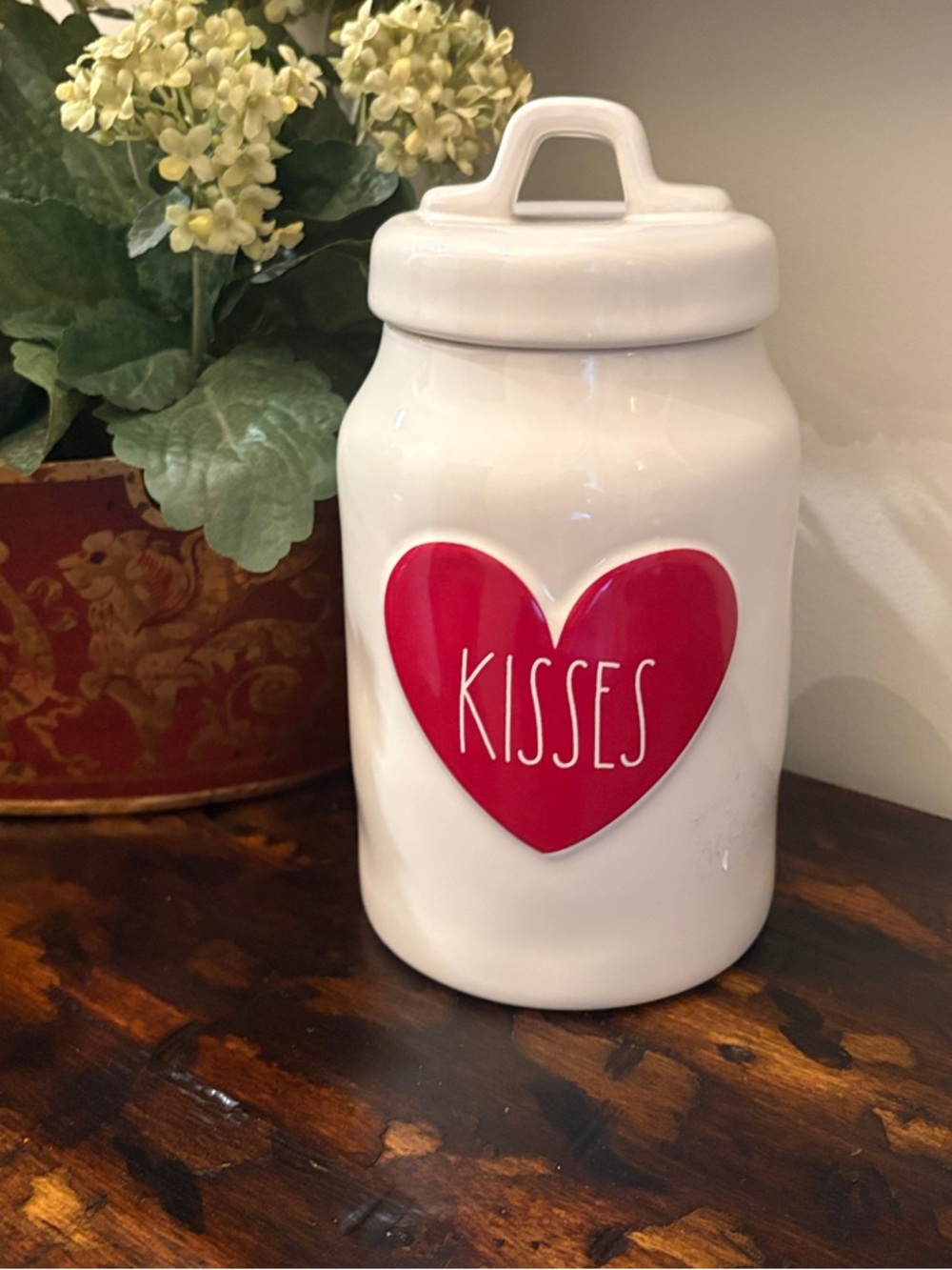 Rae Dunn White Ceramic Canister with Red Heart "KISSES"